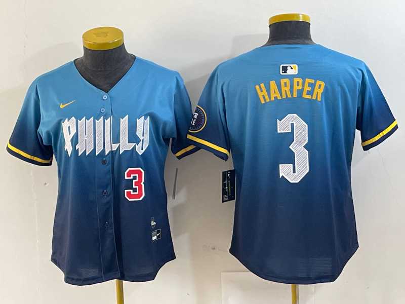 Women%27s Philadelphia Phillies #3 Bryce Harper Number Blue 2024 City Connect Limited Stitched Jersey->mlb womens jerseys->MLB Jersey
